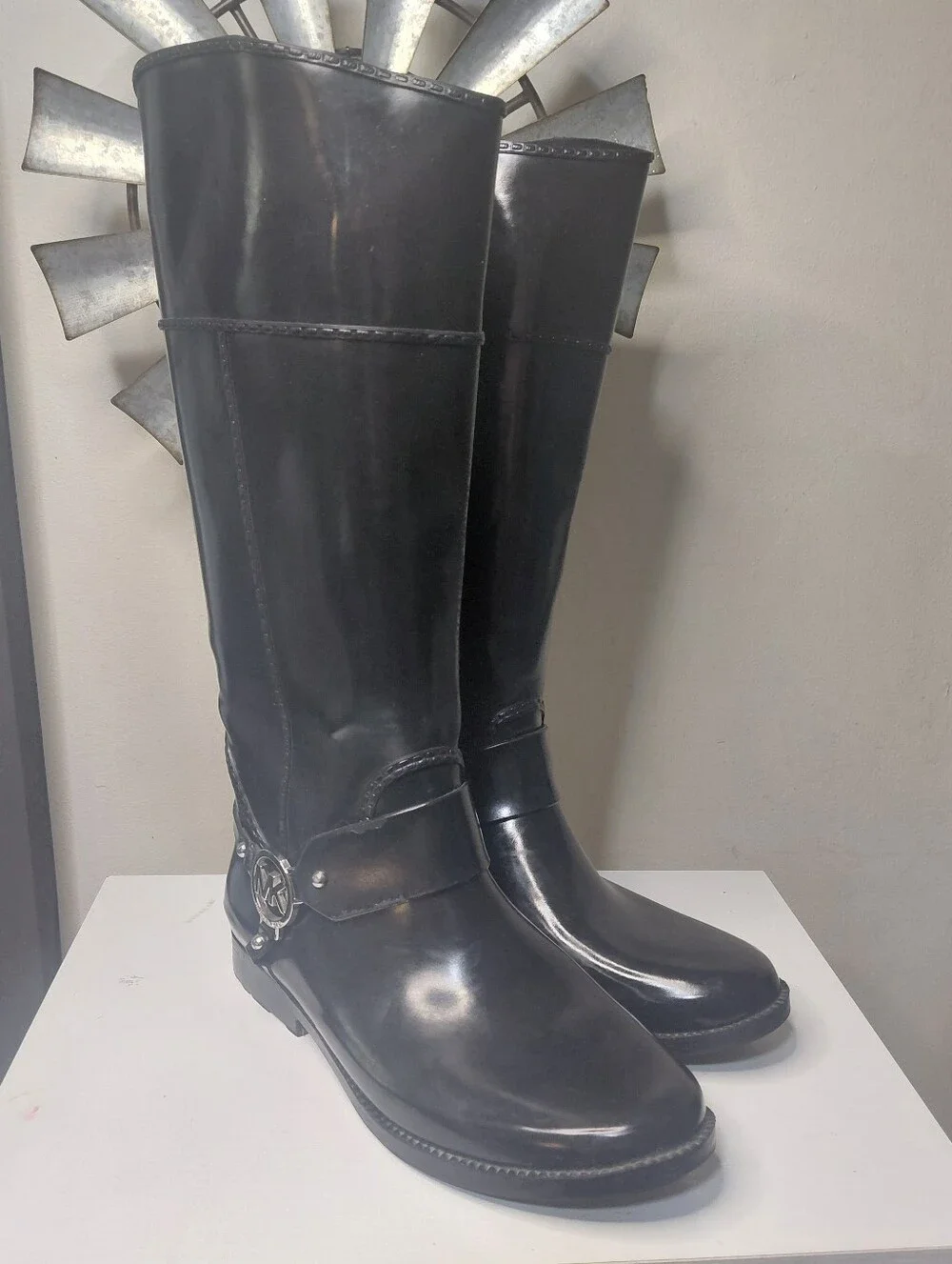 Michael Kors Fulton Black Knee High Rain Boot Logo Harness Size 9